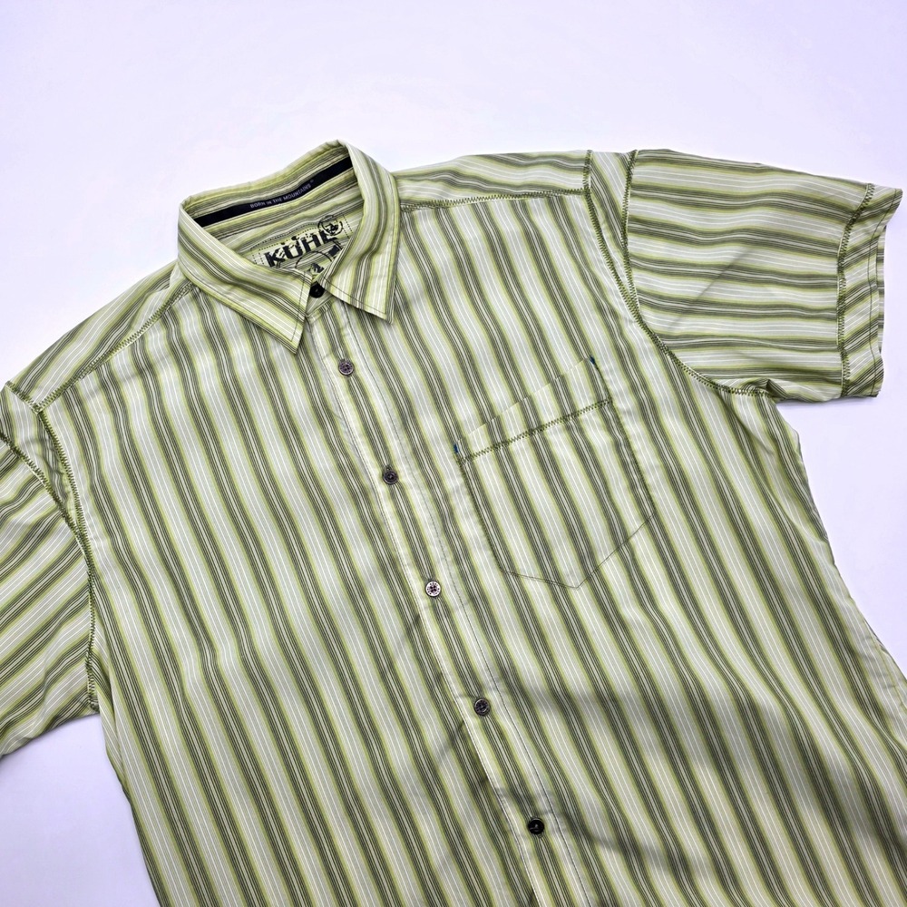 Kuhl Mens L Green Striped Short Sleeve Button Down Shirt Hiking Mountain Logo